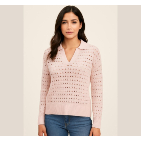 Joie Pink Cotton blend Open Knit Polo Collar V-Neck Long Sleeve Sweater Size S - Picture 1 of 10